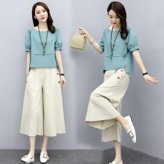 Set: Puff-sleeve Linen Blouse + Capri Wide Leg Pants