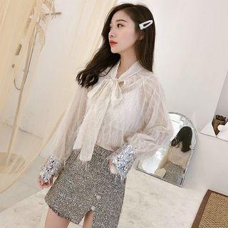 Sequined Tie-neck Long Sleeve Blouse