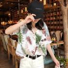 Short Sleeve Leaf Print Shirt White - One Size