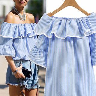 Striped Off-shoulder Ruffle Blouse