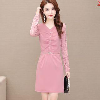Long-sleeve Embellished Lace Mini Sheath Dress