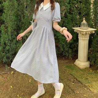 Short-sleeve Collar Plaid Midi A-line Dress Gingham - Blue & White - One Size