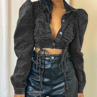 Drawstring Cropped Denim Jacket