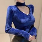Long-sleeve Choker-neck Velvet Top