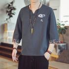 Elbow-sleeve Embroidered Linen T-shirt