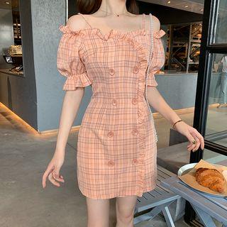 Elbow-sleeve Cold Shoulder Double Breasted Plaid Mini Sheath Dress