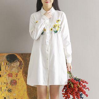 Long-sleeve Floral Embroidery Mini Shirt Dress