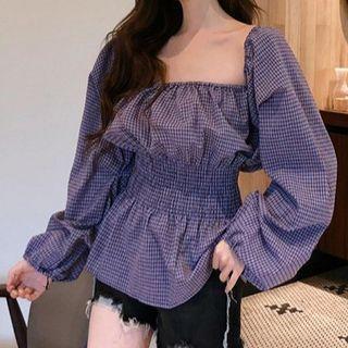 Long-sleeve Off-shoulder Check Shirred Peplum Top Purple - One Size
