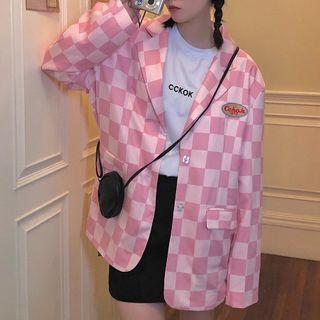 Long-sleeve Badge Embroidered Chessboard Plaid Blazer