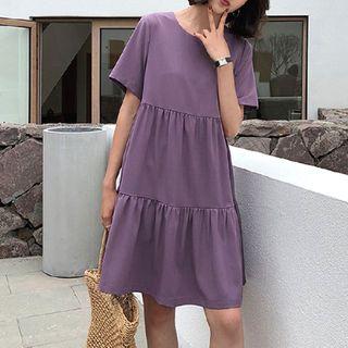 Plain Short-sleeve Tiered Mini A-line Dress