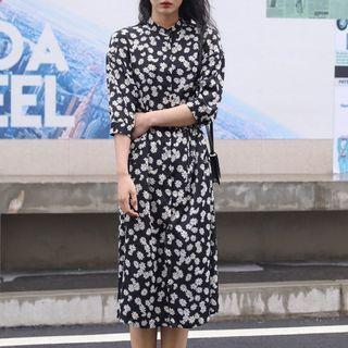 Floral Elbow-sleeve Button-front Midi Dress Black - One Size