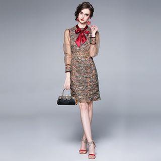 Bow-neck Floral Embroidered Mesh Midi A-line Dress