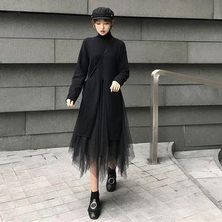 Turtleneck Slit Long Sweater / A-line Midi Mesh Skirt