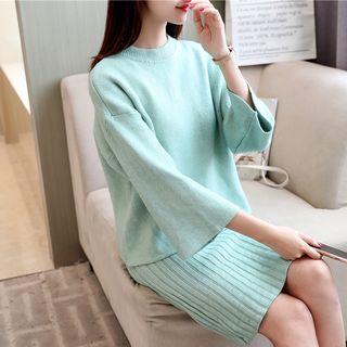 Set: 3/4 Sleeve Knit Top + Ribbed Pencil Skirt