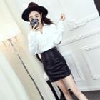 Set: Plain V-neck Blouse + Faux Leather Mini Skirt
