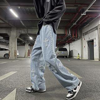 Cross Embroidered Loose Fit Jeans