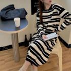 Long-sleeve Striped Knit Sheath Dress Stripes - Black & White - One Size