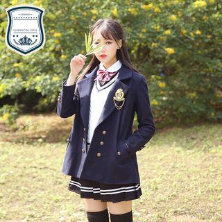 Set: Double Breasted Coat + Shirt + Bow Tie + Pleated Skirt + Knit Vest