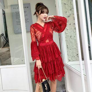 Bell-sleeve Lace Layer Midi Dress