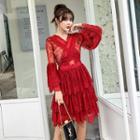 Bell-sleeve Lace Layer Midi Dress