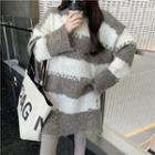 Striped Crewneck Loose-fit Long-sleeve Sweater / Plain High-waist Slim-fit Pants