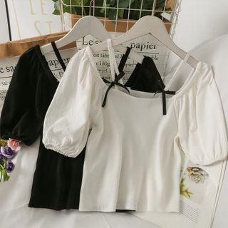 Ribbon-accent Plain Knit Top