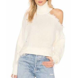 Cold Shoulder Turtleneck Distressed Sweater