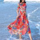 Elbow-sleeve Pattern Print Maxi Dress