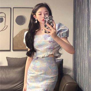 Square-neck Color-block Cropped Top / High-waist Color-block Split A-line Mini Skirt