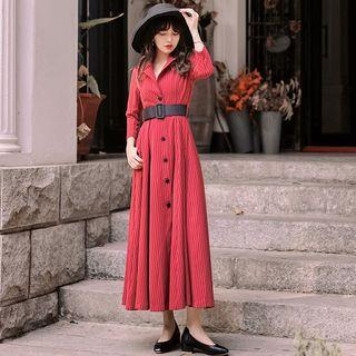 Pinstriped Long-sleeve Midi Collared Dress