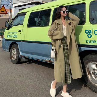 Snap Buttoned Long Coat/ Plaid Midi H-line Skirt