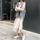 Lace Trim Long-sleeve Midi Dress / Knit V-neck Vest / Set