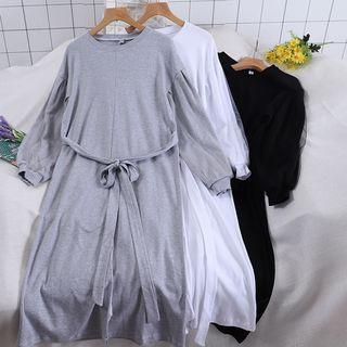 Mesh Panel Puff-sleeve Midi Dress