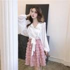 Lace Long-sleeve Loose-fit Blouse / Ruffle Skirt
