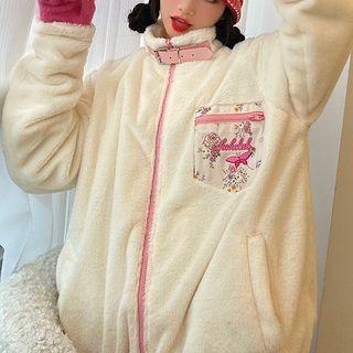 Floral Print Panel Zip-up Fleece Jacket
