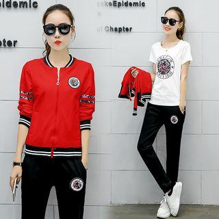 Set: Short-sleeve Print T-shirt + Sweatpants + Contrast-trim Zip Baseball Jacket