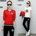 Set: Short-sleeve Print T-shirt + Sweatpants + Contrast-trim Zip Baseball Jacket