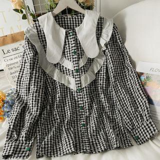 Patchwork Ruffle-trim Checker Loose Shirt White - One Size