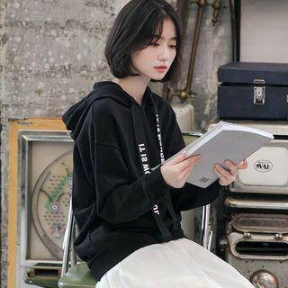 Letter Drawstring Hoodie Black - One Size