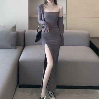 Spaghetti Strap Slit Midi Bodycon Dress / Lightweight Cardigan