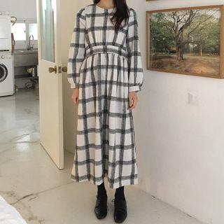 Plaid Long-sleeve Midi A-line Dress White - One Size