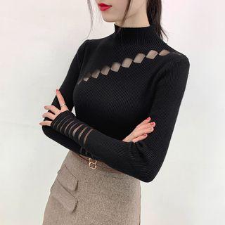 Long-sleeve Mock Neck Sheer Knit Top