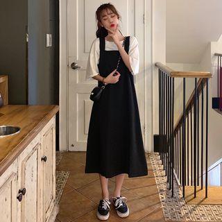 Crew-neck Elbow-sleeve T-shirt / Plain Midi Pinafore Dress