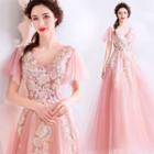 Short-sleeve Flower Embroidery Evening Gown