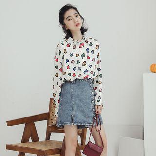 Heart Print Chiffon Blouse White - One Size