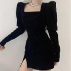Lantern-sleeve Square Neck Slit Velvet Mini Bodycon Dress