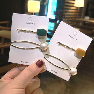 Set: Rectangular Bead Hair Pin / Faux Pearl Hair Clip