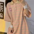 Elbow-sleeve Rabbit Striped Polo Shirt Stripes - Pink - One Size