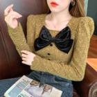 Long-sleeve Square-neck Bow Accent Lace Top