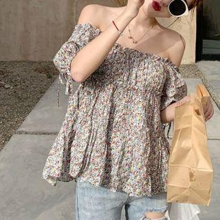 Off-shoulder Drawstring Floral Printed Blouse Floral - One Size